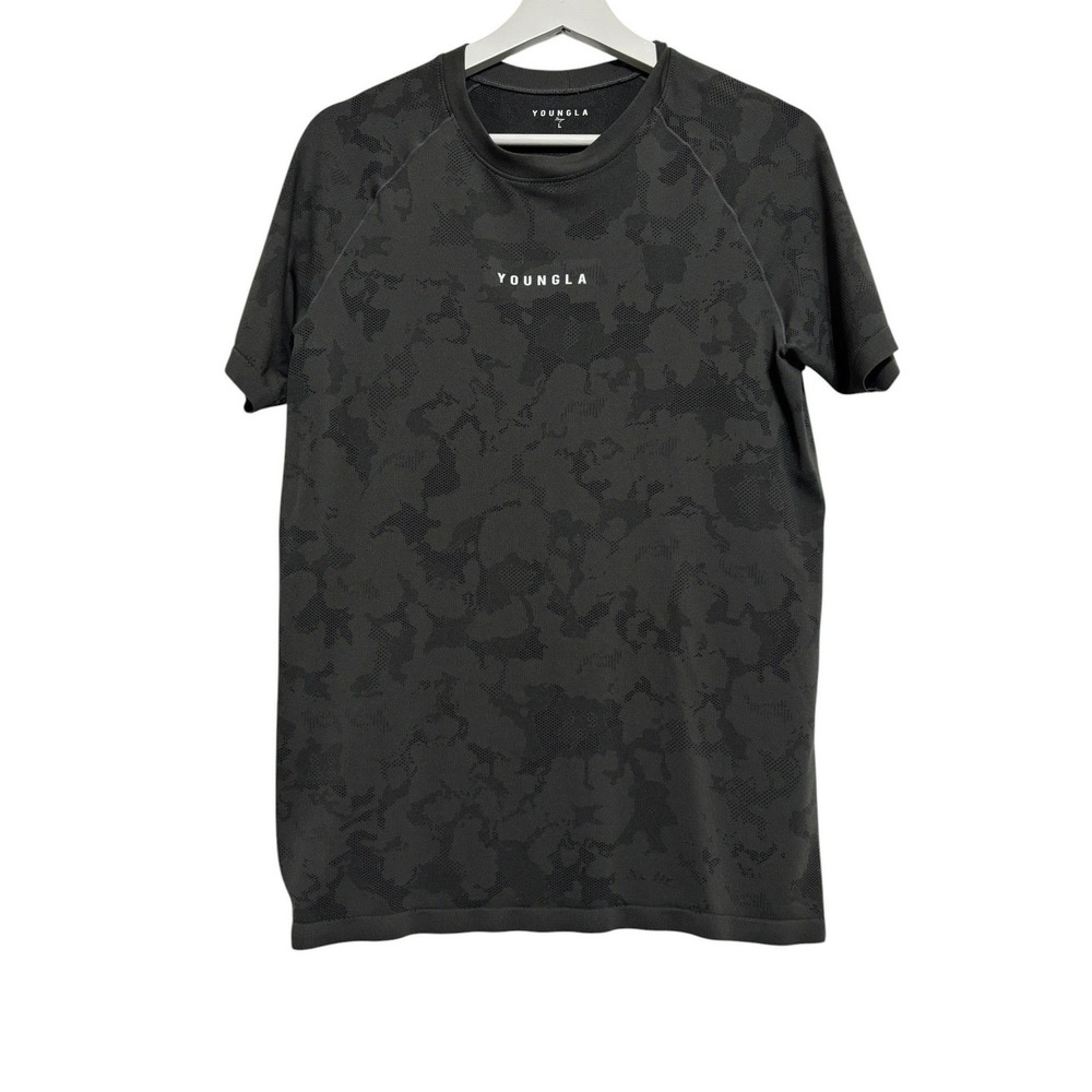 YoungLA 437 Mens Camo Performance Training Shirt Gray Black Large Raglan Tee